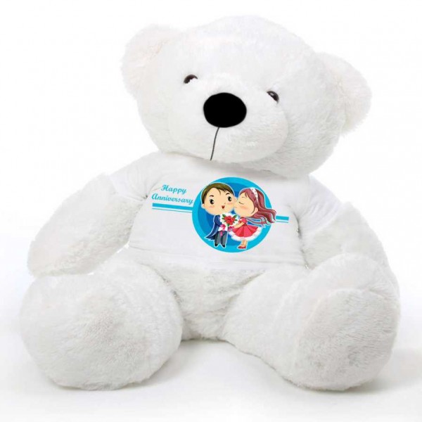 White 5 feet Big Teddy Bear wearing a Happy Anniversary T-shirt